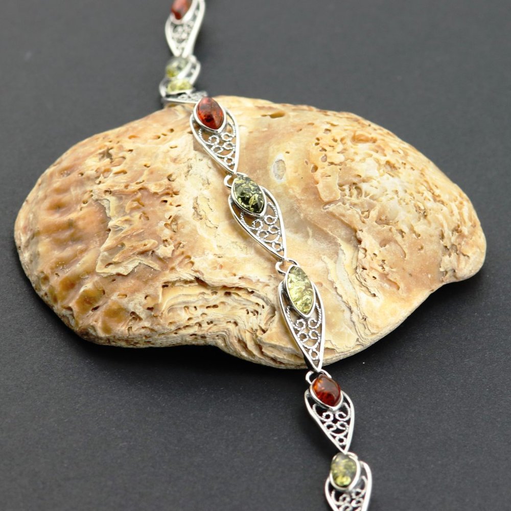 Sterling silver and natural Baltic amber link bracelet - Picture 11 of 13